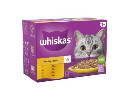 WHISKAS 1+ Cat Pouches Poultry Feasts in Jelly 12x85g